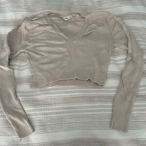 Beige Ribbed V-Neck Cropped Garage Sweater